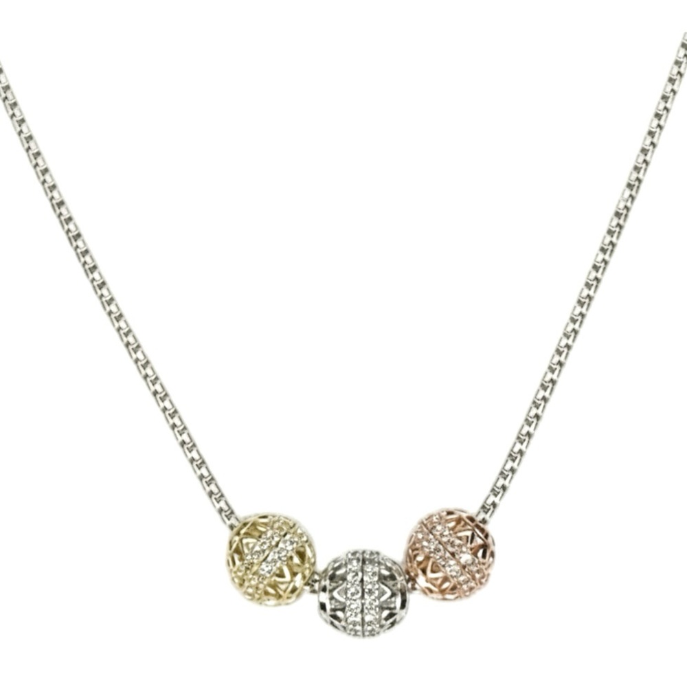 Tri Tone Filigree Bead Necklace 18K Gold Filled CZ Embellished NWOT